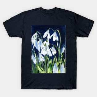 Watercolour painting of snowdrops with a dark background T-Shirt